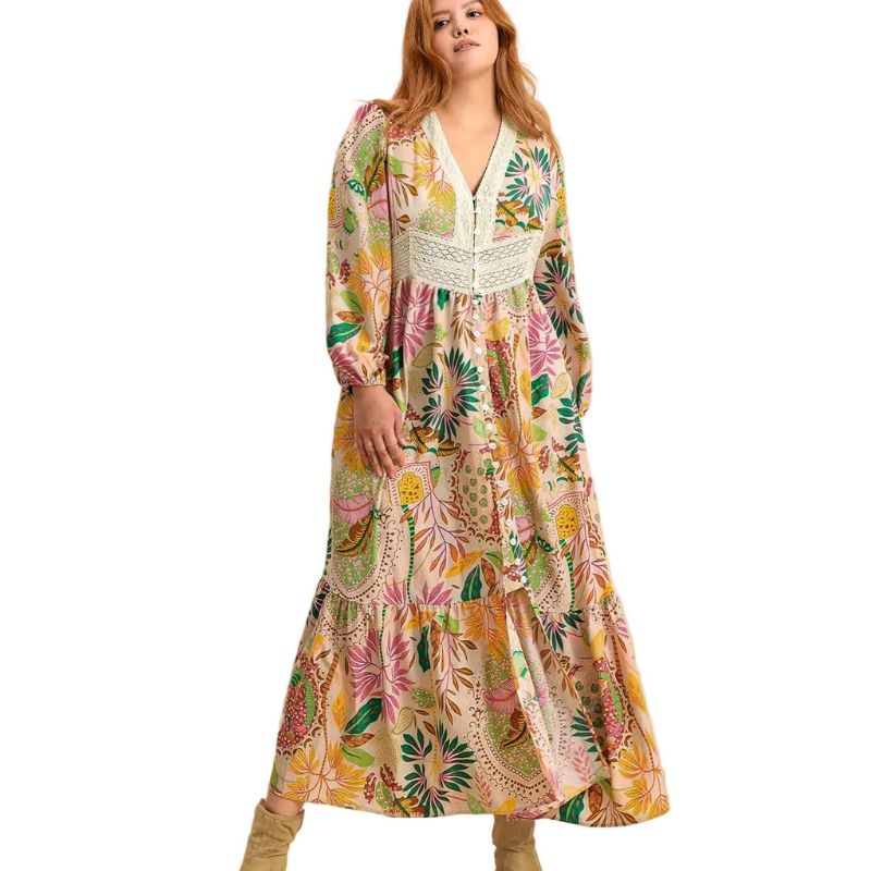 Plus Size Boho Apricot Floral Lace V-Neck Dress Balloon Sleeve Loose Maxi Dress