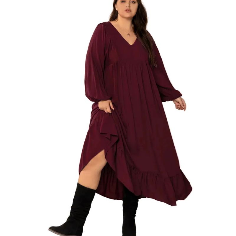 Plus Size Burgundy V-Neck Balloon Sleeve Ruffle Hem Dress Women Solid