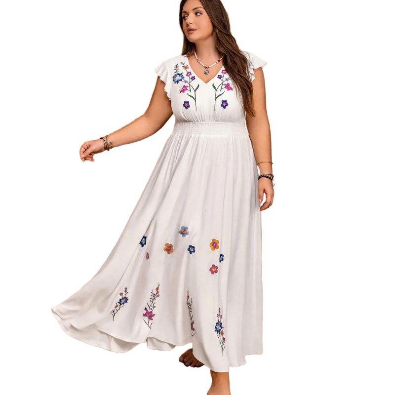 Plus Size Floral Embroidered V-Neck Cap Sleeve Maxi Dress White Women Boho