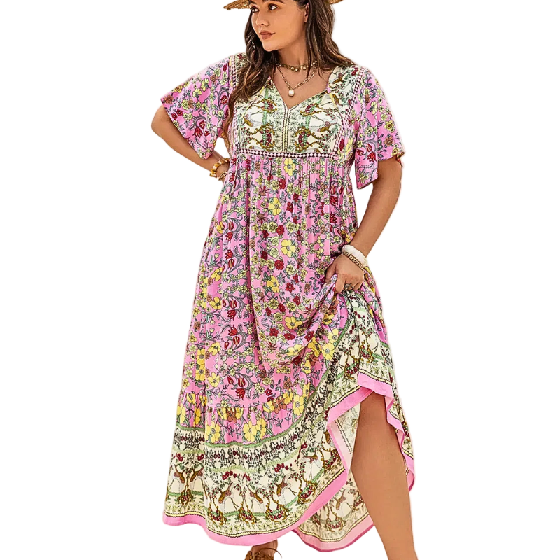 Plus Size Floral Maxi Dress Blush Pink V-Neck Tie Flutter Short Sleeve Boho Summer