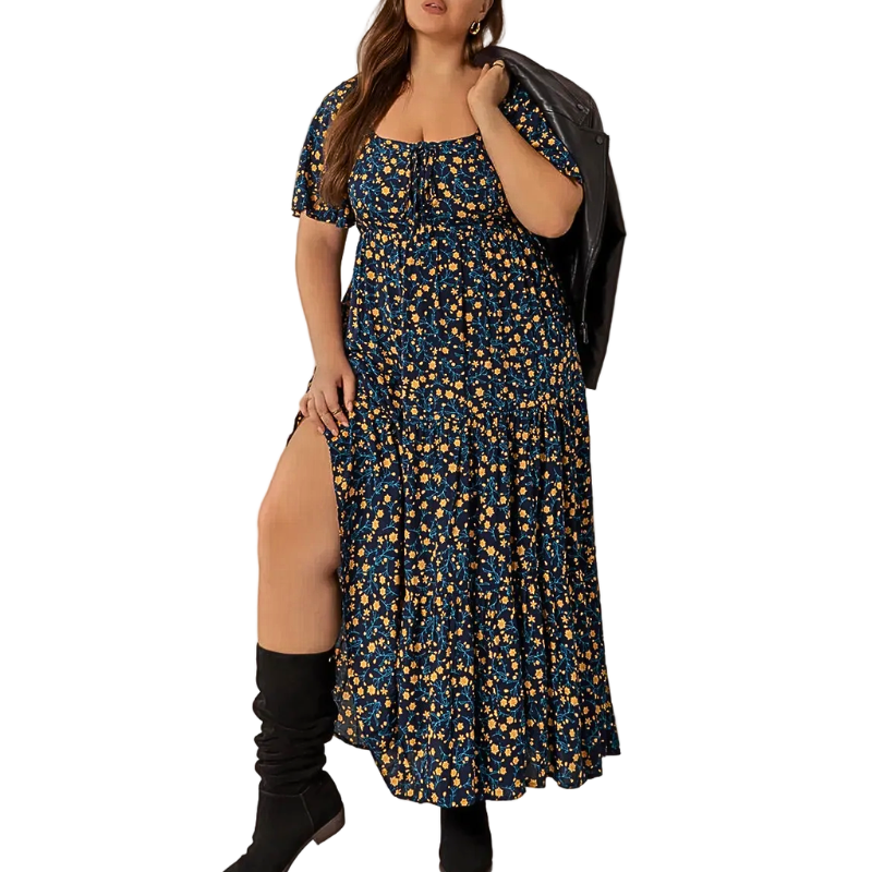 Plus Size Maxi Dress Black Floral Square Tie Neck High Waisted Side Slit Short Sleeve