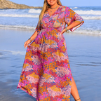 Plus Size Maxi Dress Floral Fuchsia Pink Printed V-Neck Elastic High Waist Short Sleeve