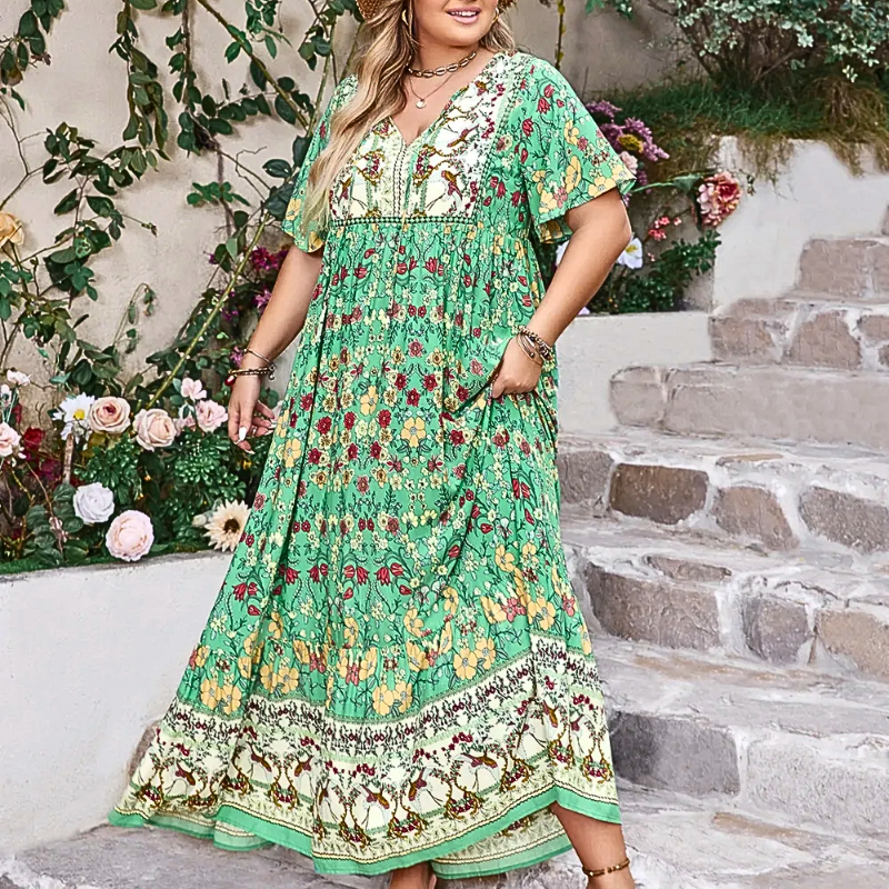 Plus Size Maxi Dress Floral Green Leaf Boho V-Neck Tied High Waist Ruffle Summer