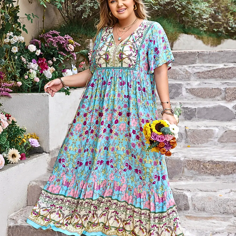 Plus Size Maxi Dress Floral Pastel Blue Boho V-Neck Tied High Waist Ruffle Summer