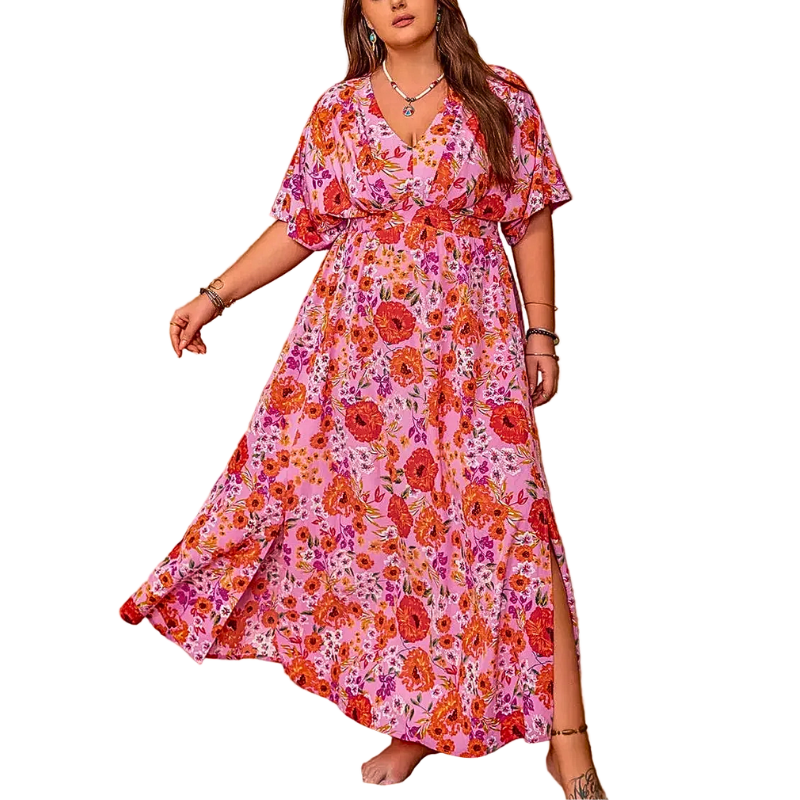 Plus Size Maxi Dress Fuchsia Floral Side Slit V-Neck Boho Short Ruffle Sleeve X-4XL