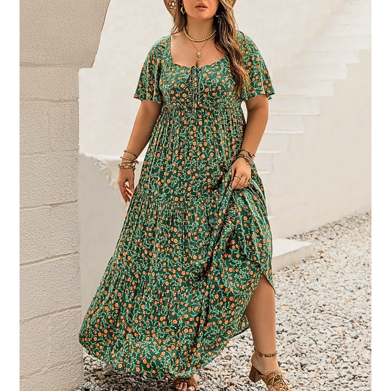 Plus Size Maxi Dress Green Floral Square Tie Neck High Waisted Side Slit Short Sleeve