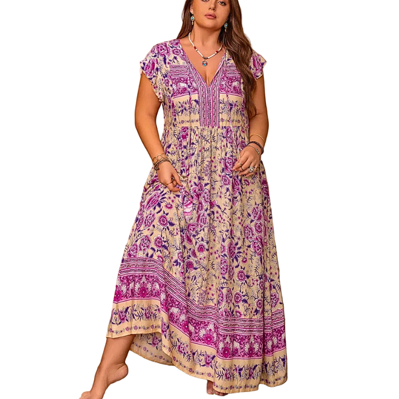 Plus Size Maxi Dress Purple Mix Floral V-Neck Flowy High Waist Cap Sleeve Beach