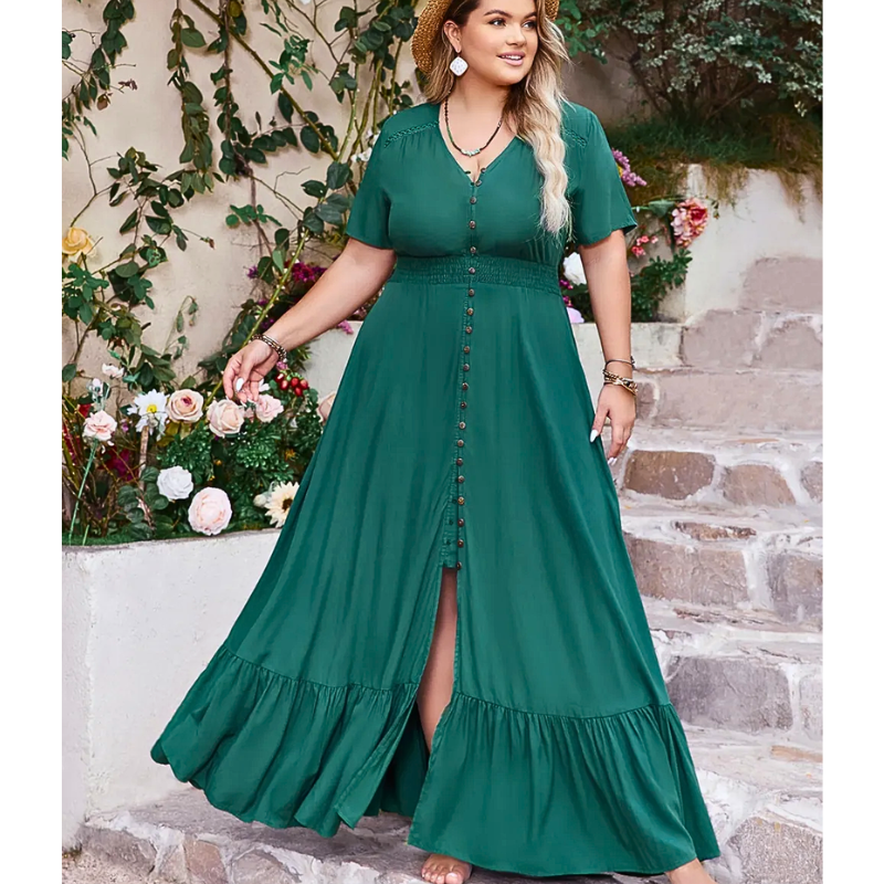 Plus Size Maxi Dress Ruffle V-Neck High Ealstic Waist Button Front Slit Short Sleeve