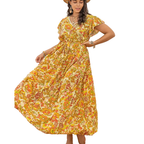 Plus Size Maxi Dress V-Neck Lace Trim Gold Floral belted Tie High Waist Beach Dress
