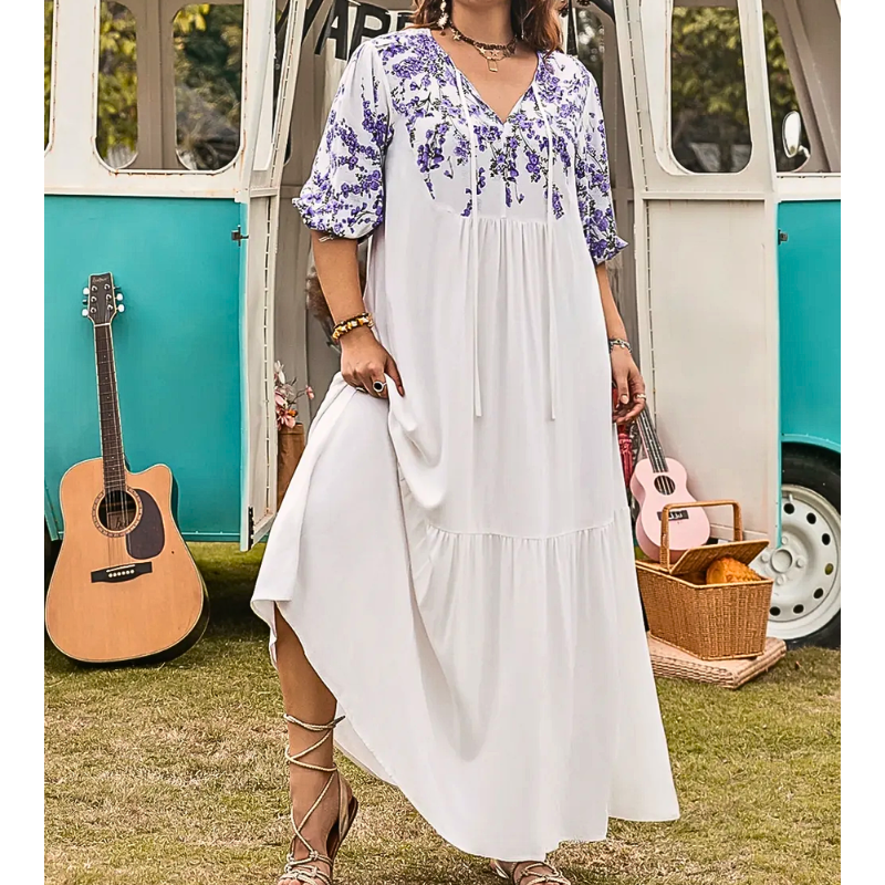 Plus Size Maxi Dress White Flowy Floral V-Neck Tie Short Puff Sleeve Summer Dress