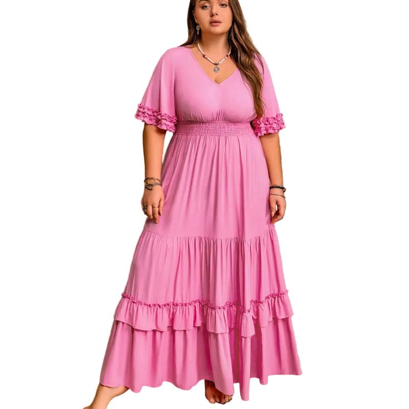 Plus Size Pink Ruffle Maxi Dress Women V-Neck Short Sleeve Flowy