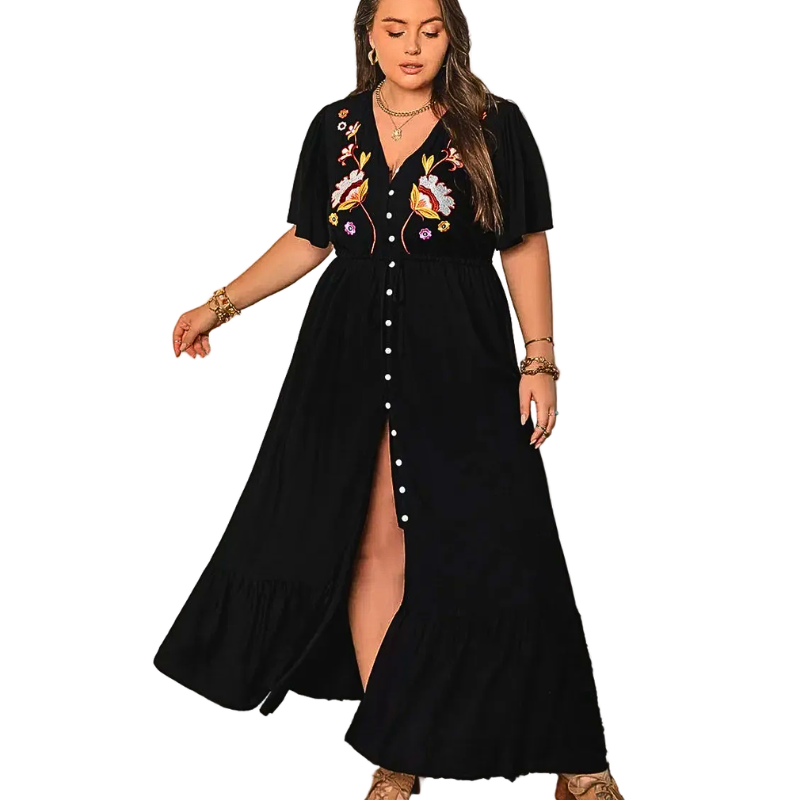 Plus Size V-Neck Maxi Dress Black Floral Embroidered Button Front Flutter Short Sleeve