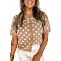 Polka Dot Casual Cardigan Lightweight Knit Round Neck Button Short Sleeve Top