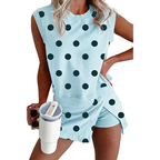 Polka Dot Casual Outfit Set Women's Sleeveless Top and Drwastring Skort