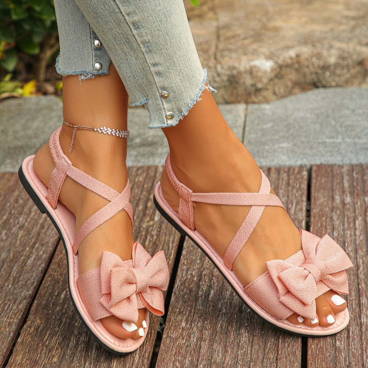 Casual Sandals Bow Crisscross Ankle Strap Low Heels Women's Lightweight Shoes