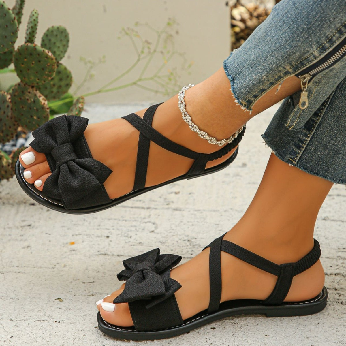 Casual Sandals Bow Crisscross Ankle Strap Low Heels Women's Lightweight Shoes