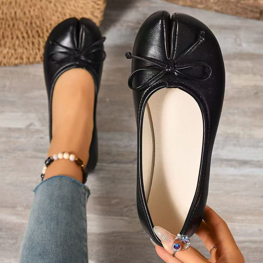 Ballerinas Shoes Bow Split Toe Slip-Ons Pu Leather Casual Women's Flats