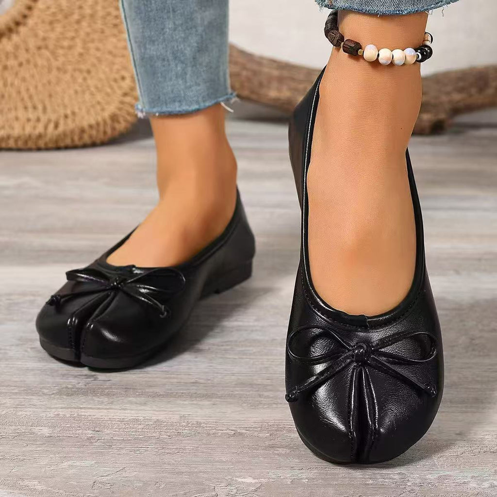 Ballerinas Shoes Bow Split Toe Slip-Ons Pu Leather Casual Women's Flats