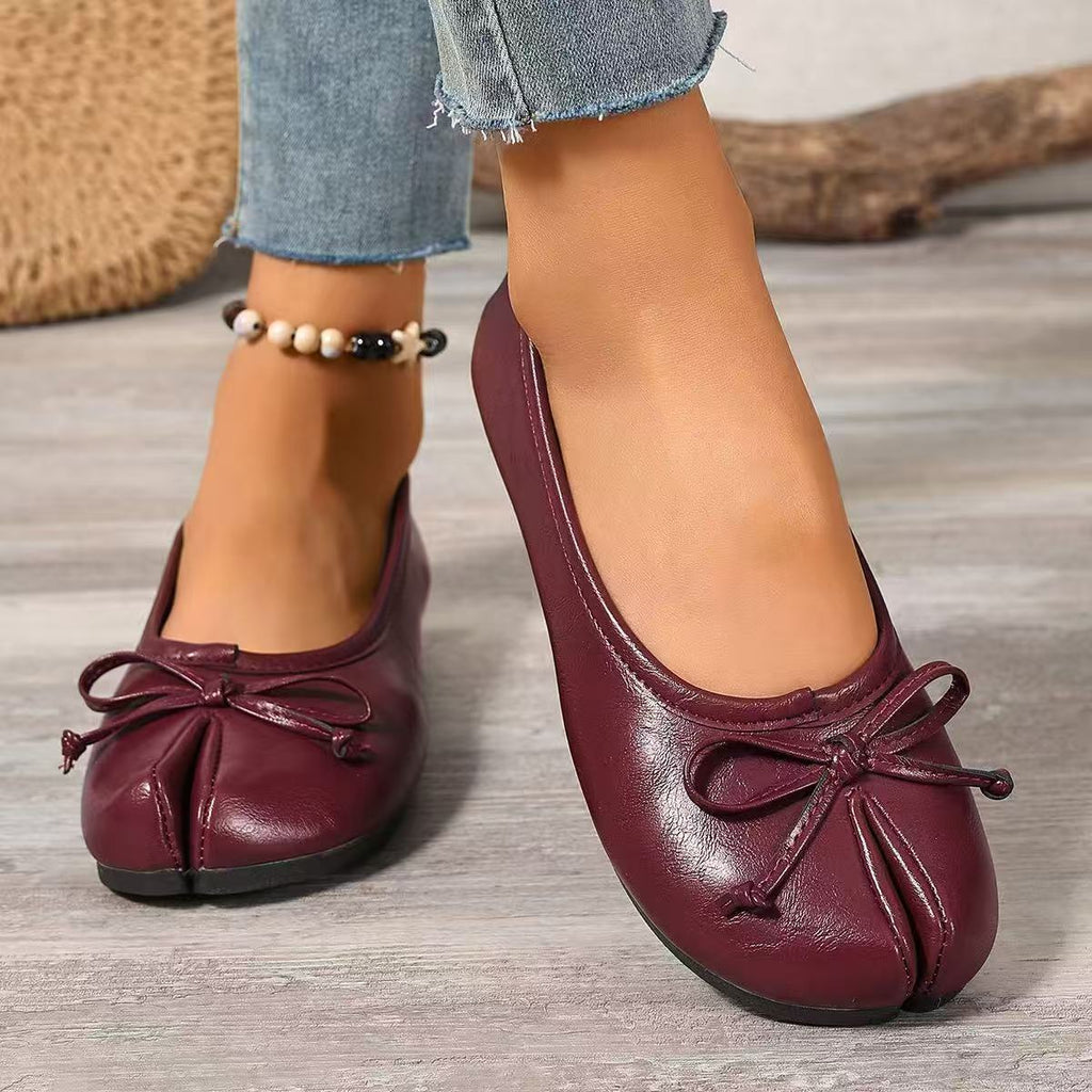 Ballerinas Shoes Bow Split Toe Slip-Ons Pu Leather Casual Women's Flats