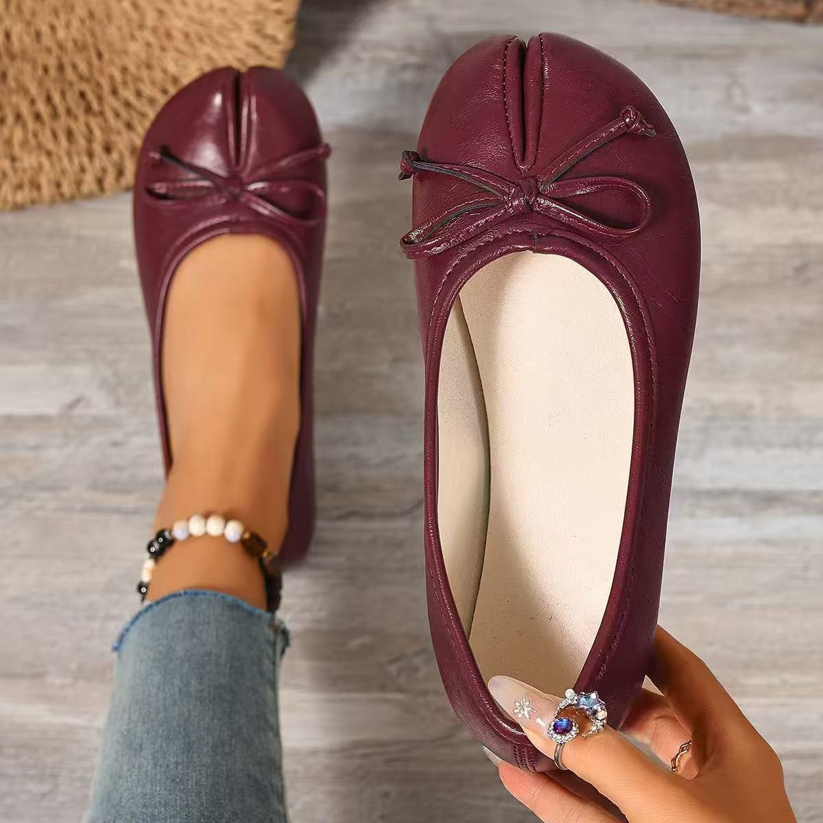 Ballerinas Shoes Bow Split Toe Slip-Ons Pu Leather Casual Women's Flats