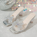 Women's Butterfly Clear Sandals Rhinestone Crystal Open Toe Mid Heels Shoes