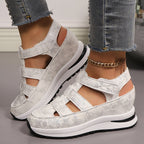 Cutout Wedge Sandals Floral Casual Pu Leather Platform Mid Heel Shoes