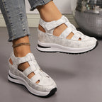 Cutout Wedge Sandals Floral Casual Pu Leather Platform Mid Heel Shoes