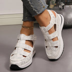 Cutout Wedge Sandals Floral Casual Pu Leather Platform Mid Heel Shoes