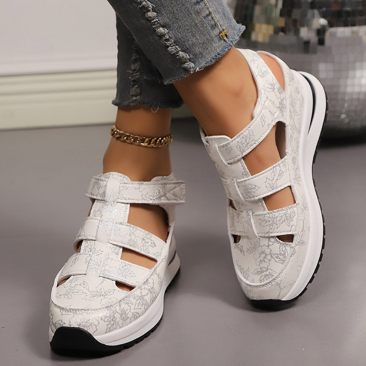 Cutout Wedge Sandals Floral Casual Pu Leather Platform Mid Heel Shoes