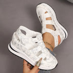 Cutout Wedge Sandals Floral Casual Pu Leather Platform Mid Heel Shoes
