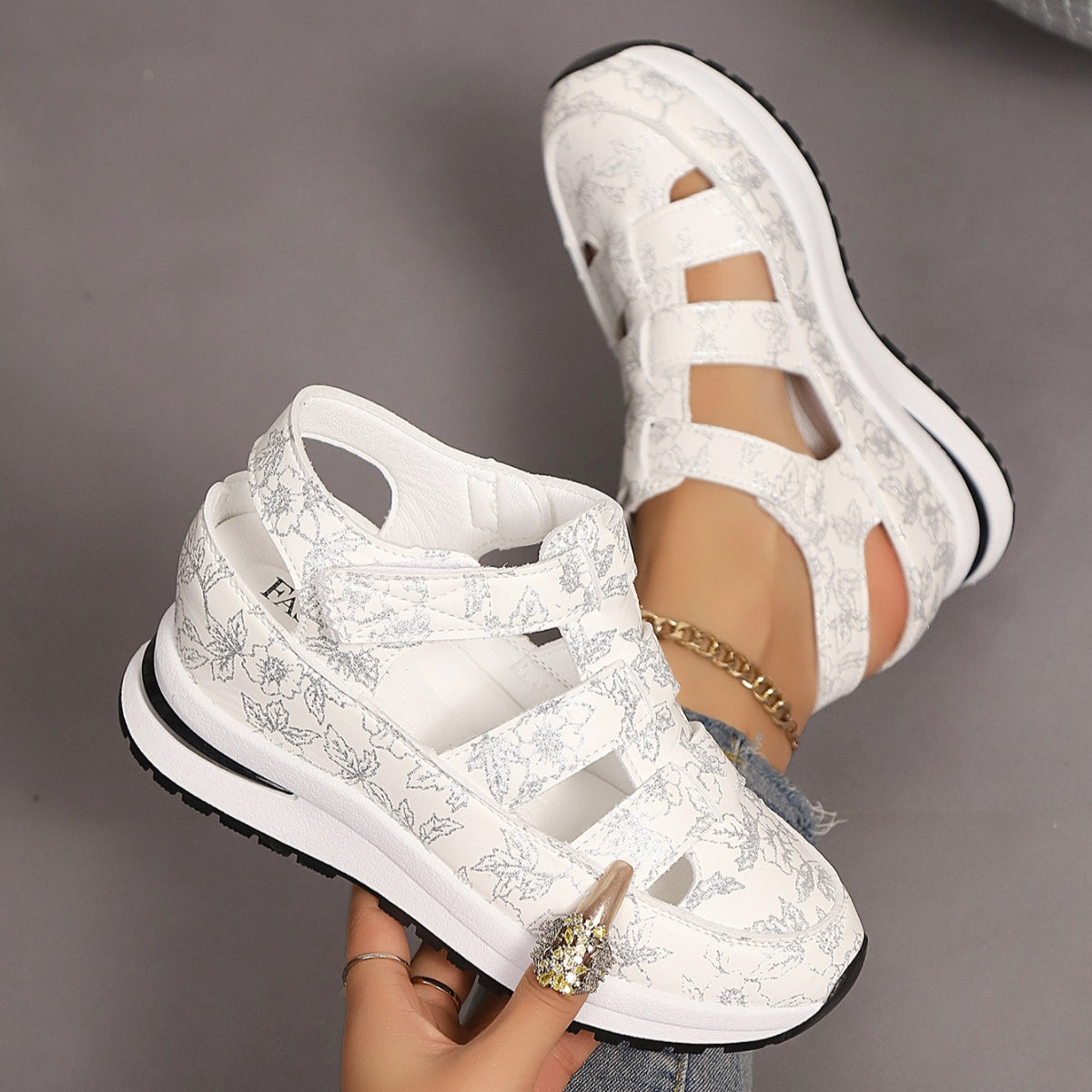 Cutout Wedge Sandals Floral Casual Pu Leather Platform Mid Heel Shoes