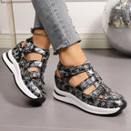 Cutout Wedge Sandals Floral Casual Pu Leather Platform Mid Heel Shoes