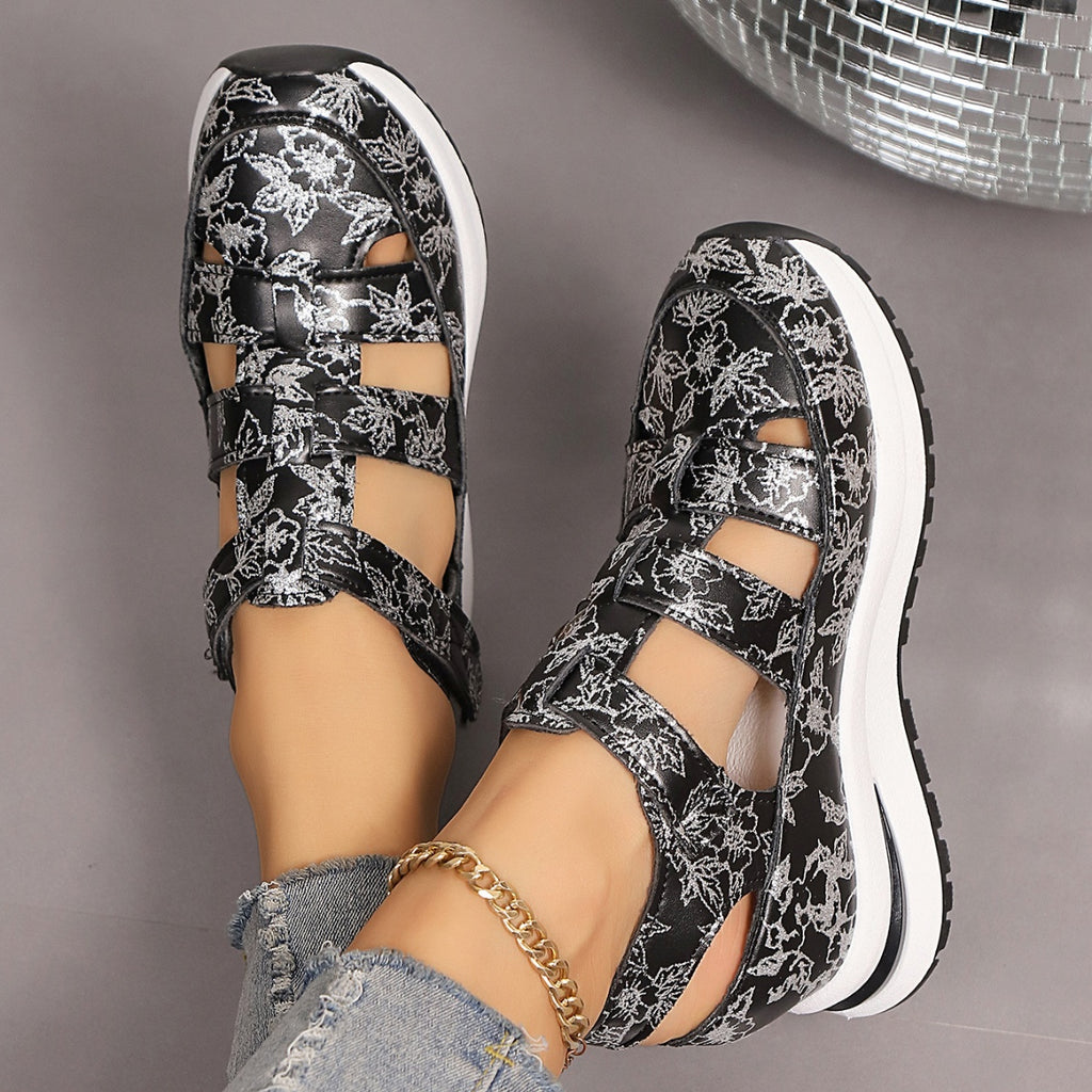 Cutout Wedge Sandals Floral Casual Pu Leather Platform Mid Heel Shoes