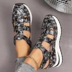 Cutout Wedge Sandals Floral Casual Pu Leather Platform Mid Heel Shoes