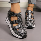 Cutout Wedge Sandals Floral Casual Pu Leather Platform Mid Heel Shoes