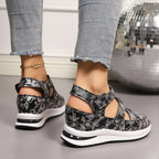Cutout Wedge Sandals Floral Casual Pu Leather Platform Mid Heel Shoes