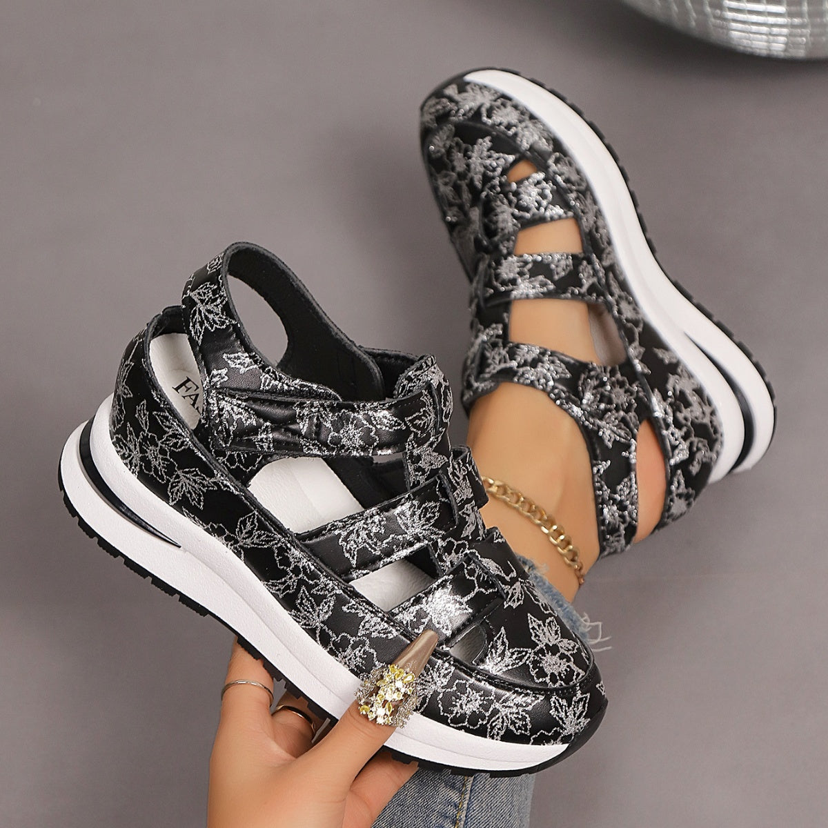 Cutout Wedge Sandals Floral Casual Pu Leather Platform Mid Heel Shoes