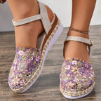 Crochet Floral Espadrille Sandals Ankle Strap Woven Mid Heels Shoes