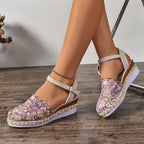 Crochet Floral Espadrille Sandals Ankle Strap Woven Mid Heels Shoes