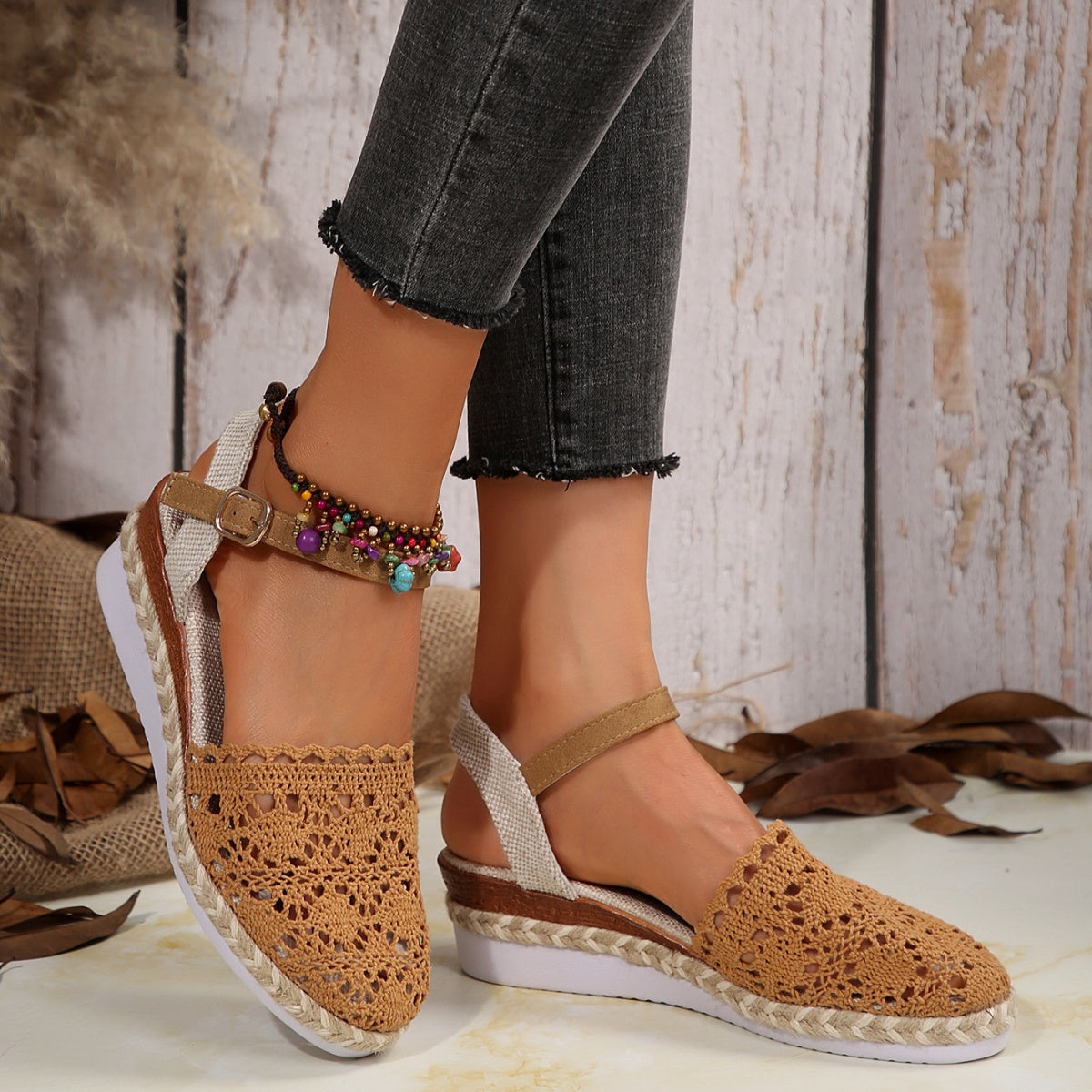 Crochet Floral Espadrille Sandals Ankle Strap Woven Mid Heels Shoes