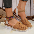 Crochet Floral Espadrille Sandals Ankle Strap Woven Mid Heels Shoes