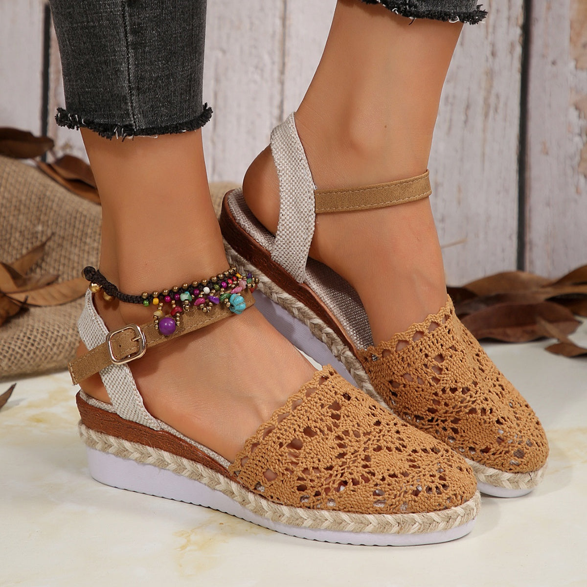Crochet Floral Espadrille Sandals Ankle Strap Woven Mid Heels Shoes