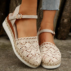 Crochet Floral Espadrille Sandals Ankle Strap Woven Mid Heels Shoes