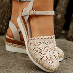 Crochet Floral Espadrille Sandals Ankle Strap Woven Mid Heels Shoes