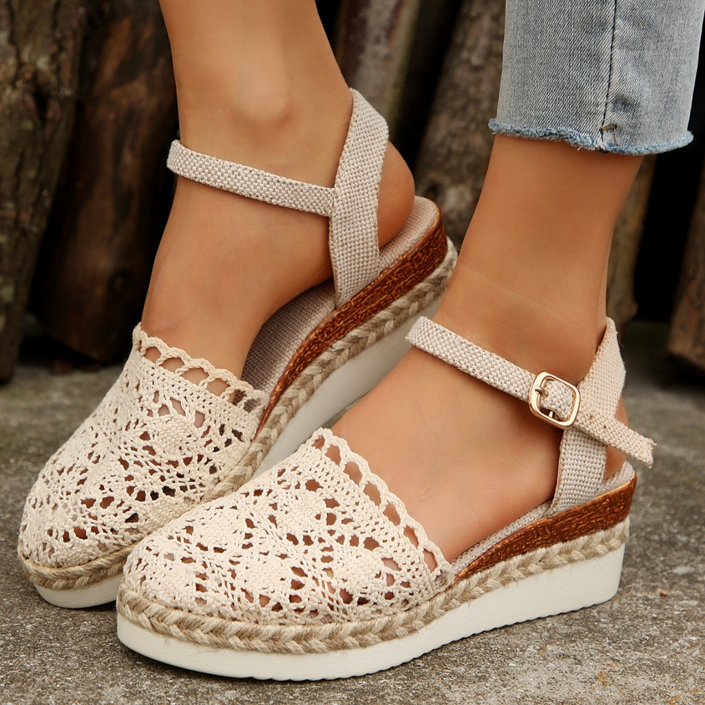 Crochet Floral Espadrille Sandals Ankle Strap Woven Mid Heels Shoes