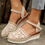 Crochet Floral Espadrille Sandals Ankle Strap Woven Mid Heels Shoes