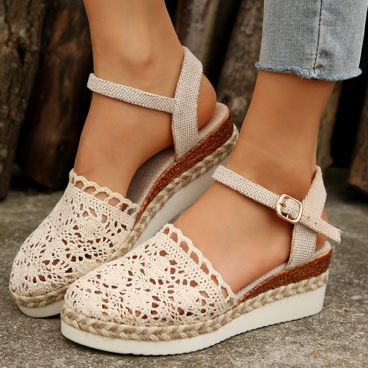 Crochet Floral Espadrille Sandals Ankle Strap Woven Mid Heels Shoes