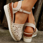 Crochet Floral Espadrille Sandals Ankle Strap Woven Mid Heels Shoes