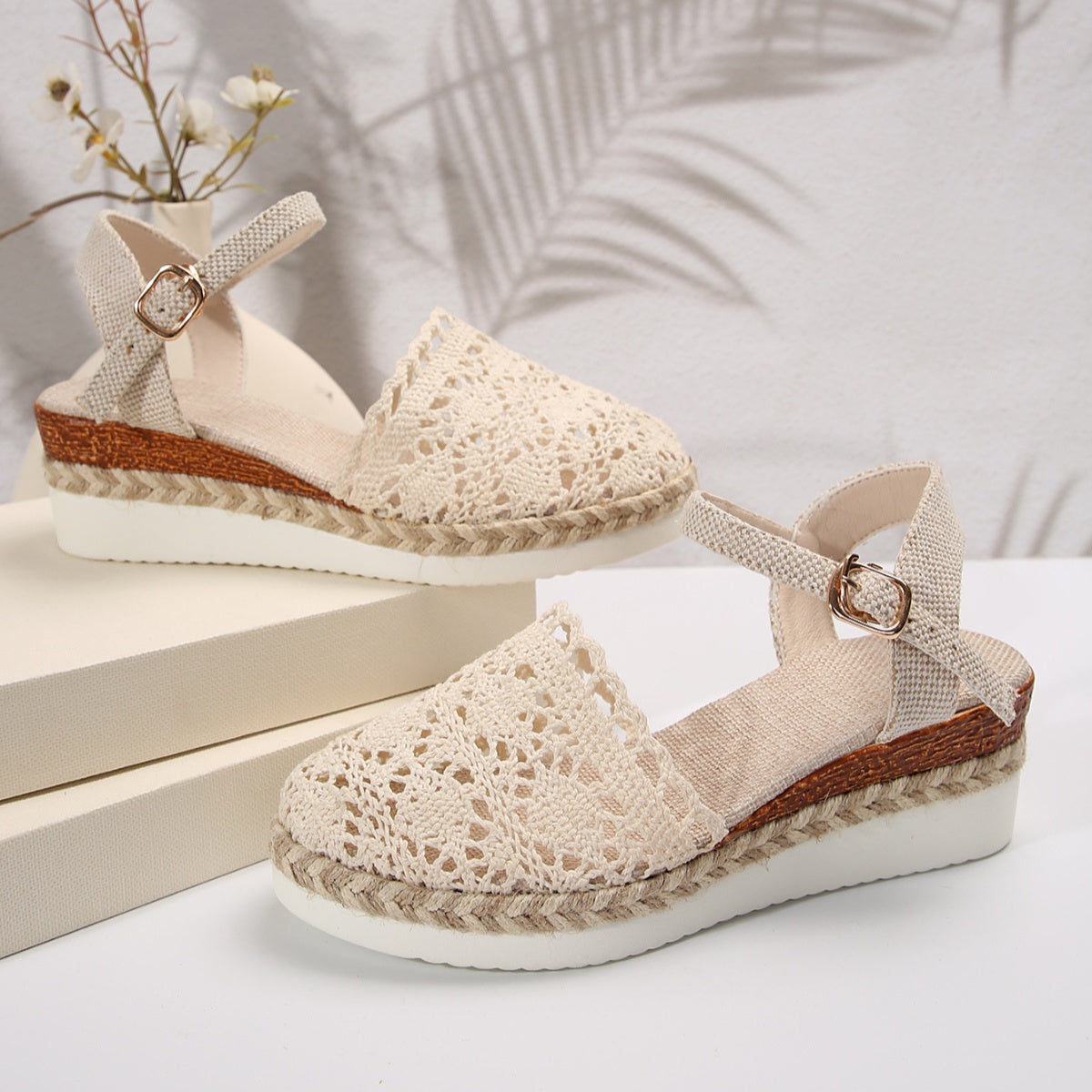 Crochet Floral Espadrille Sandals Ankle Strap Woven Mid Heels Shoes