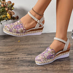 Crochet Floral Espadrille Sandals Ankle Strap Woven Mid Heels Shoes